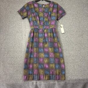 Vintage 60s Mindy Ross Womens Purple Green Checkerboard Midi Dress NWT‎ 15